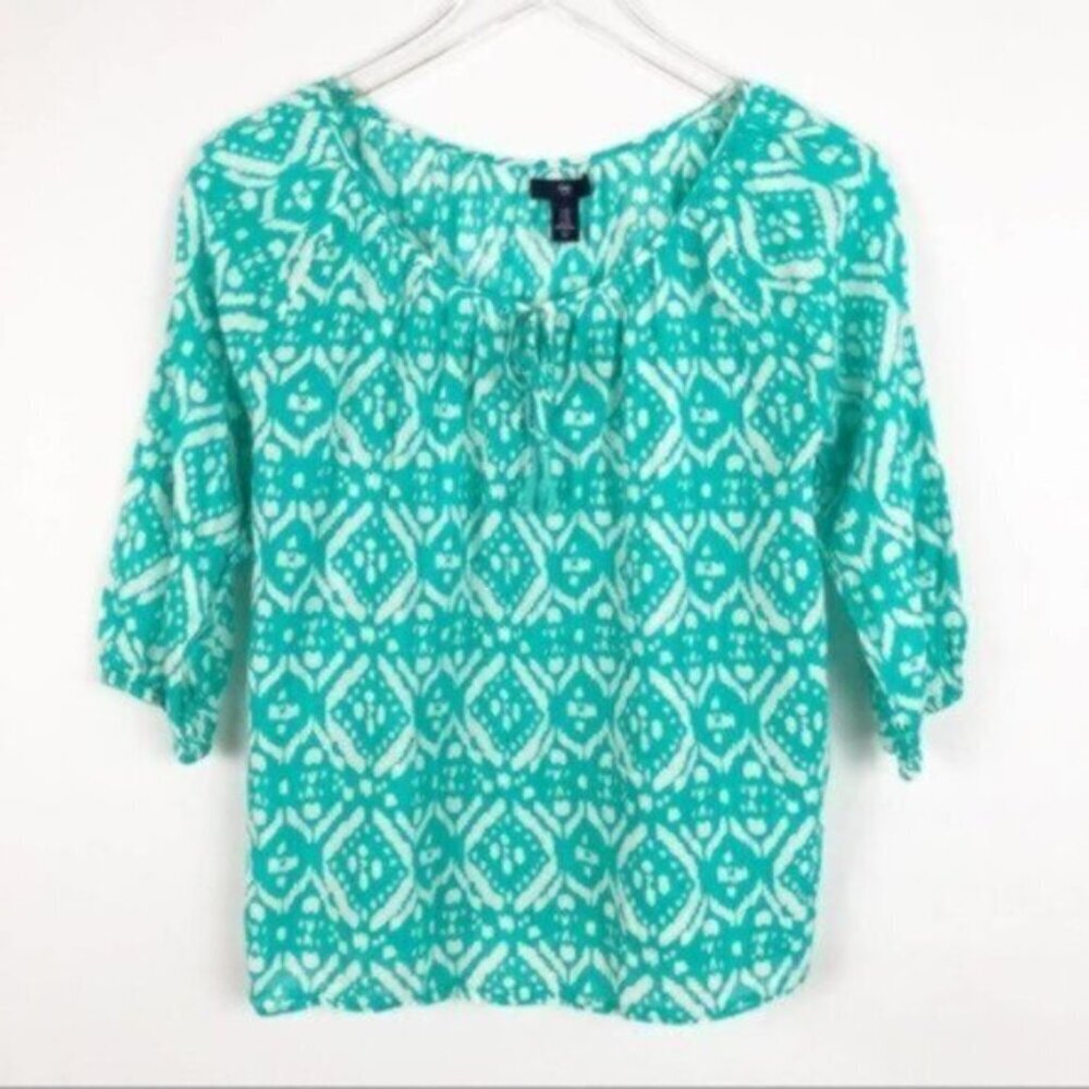 GAP |  Women's Teal & White 3/4 Sleeve Round Neck Peasant Blouse Size XS